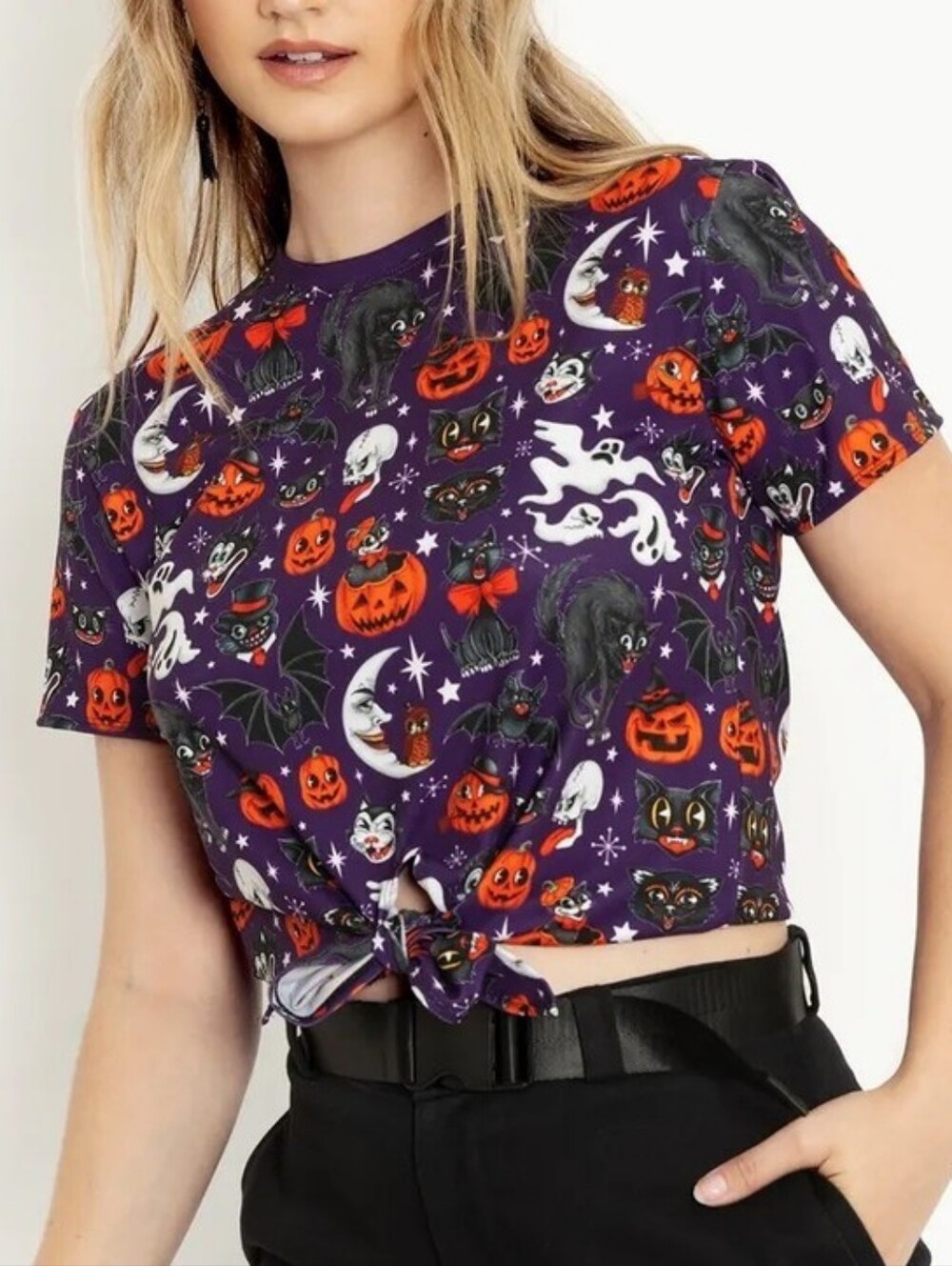 Blackmilk Trick or Treat Purple Retro Goth Halloween Crop Tie Front Tee XL